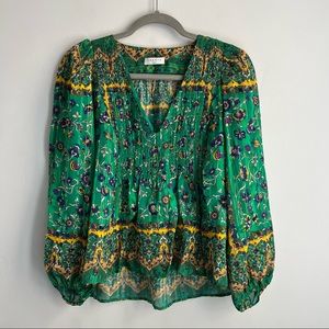 Sandro Paris Green Yellow Gold Patterned Flowy Long Sleeve Blouse